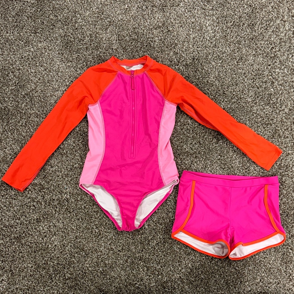 Girls Long-Sleeve Rash Guard Swimsuit Set - Pink & Orange